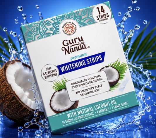 Pair of whitening strips and packaging on a white background